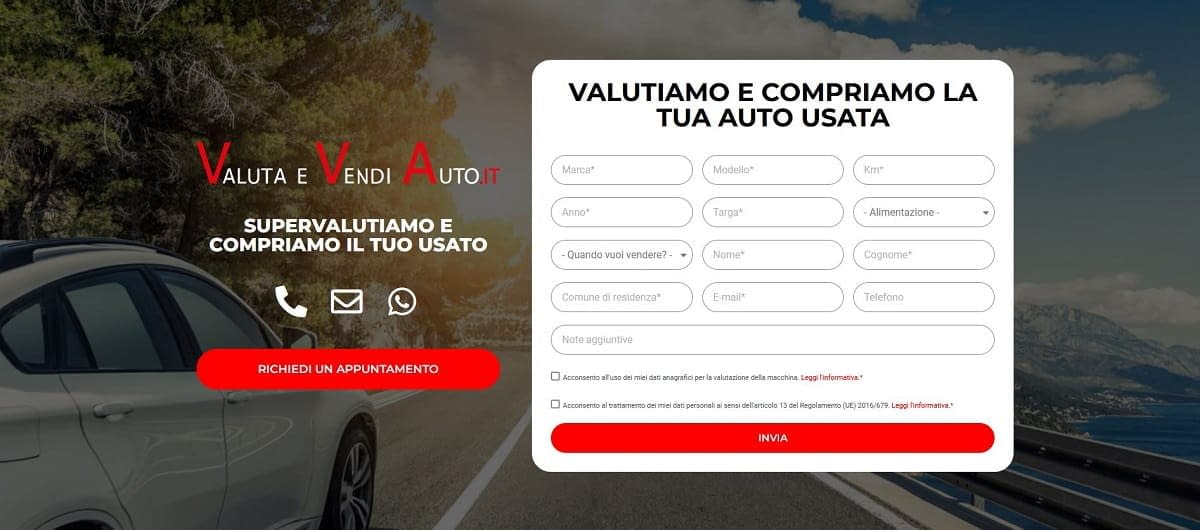 Valuta e vendi auto Realizzazione landing page per concessionaria by Idra Siti Web